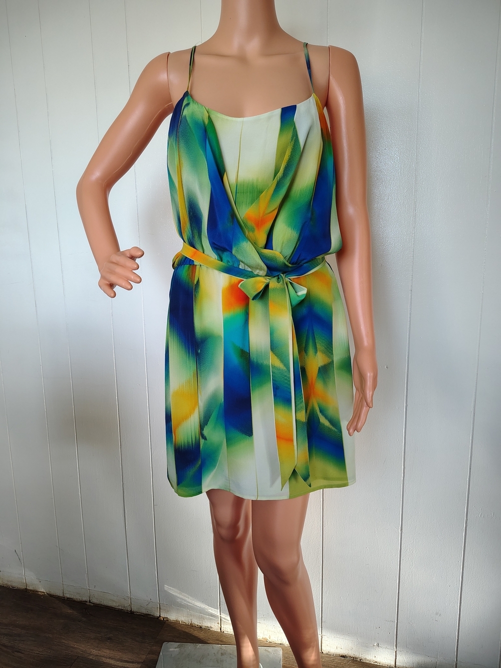 Marciano Silk Multicolor Spaghetti-Strap Tie-Waist Mini Dress Size M.